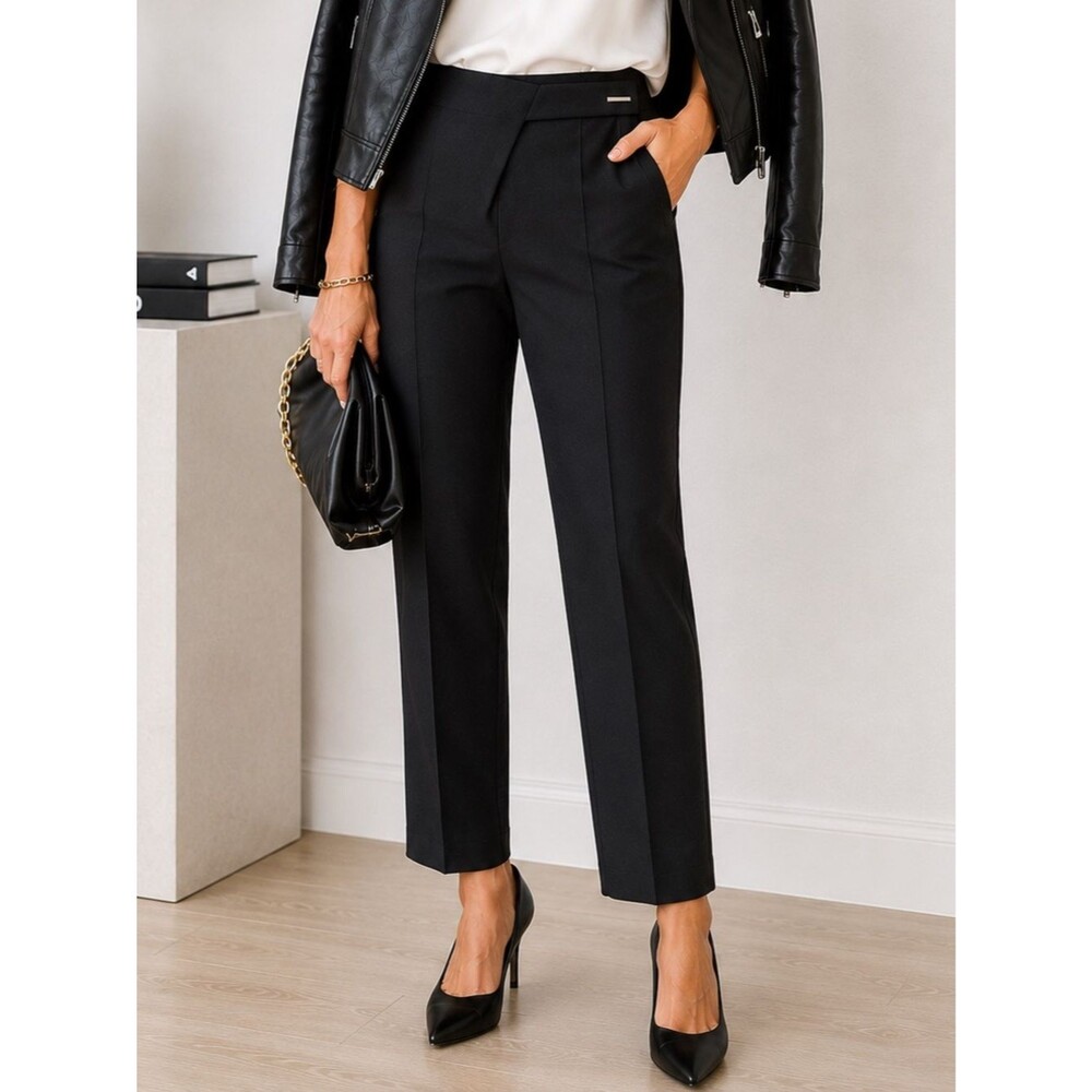 Gracia NWT Dress Pants M 32/27.5 Black Straight Stretch Asymmetrical Wrap Waist